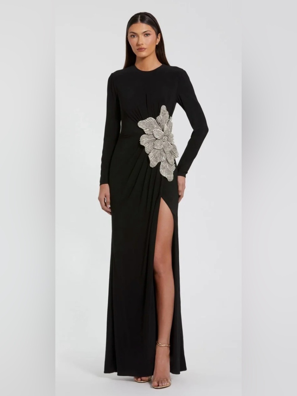 Black Maxi Dress with Silver Floral Appliqué